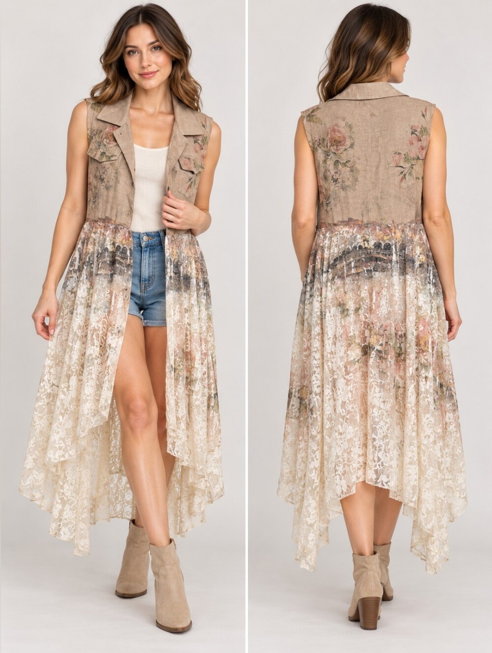 Origami by Vivian 2X Floral Lace Mixed Media Boho Vest Duster